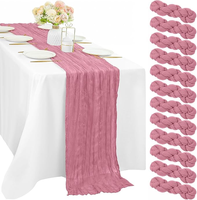 12 Pieces Dusty Rose Cheesecloth Table Runner 10FT Pink Runner for Tables Gauze Fabric Boho 35 x 120 Inches Long Table Runner Decoration Rustic Sheer Runner for Wedding Baby Birthday Party Dusty Rose