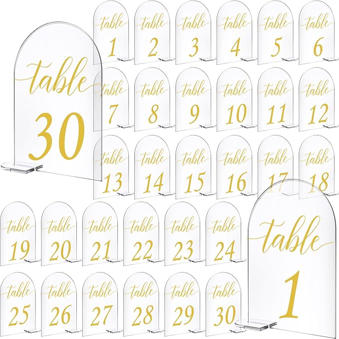 30 Sets Arch Acrylic Sign Gold Printed 1-30 Table Signs with Stands Calligraphy Clear Table Number Display Stand for Wedding Reception Event Party Restaurant Centerpieces Decor (5 x 7 Inch)