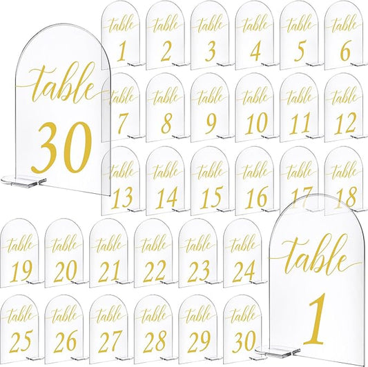 30 Sets Arch Acrylic Sign Gold Printed 1-30 Table Signs with Stands Calligraphy Clear Table Number Display Stand for Wedding Reception Event Party Restaurant Centerpieces Decor (5 x 7 Inch)