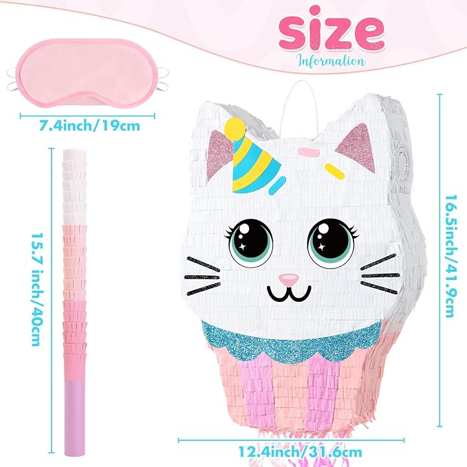 WERNNSAI Cupcake Piñata - Cat Party Decorations Cupcake Cat piñata with Blindfold and Stick for Kids Sweet Birthday Decorations Candy Land Party Baby Shower Celebration Carnival Supplies