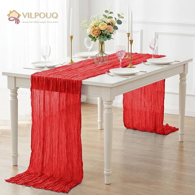 6 Pack Red Cheesecloth Table Runner 21x120 Inches, Boho Gauze Rustic Semi Sheer Cheese Cloth Table Runners for Easter Wedding Bridal Baby Shower, Birthday Party, Long Farmhouse Table Decor