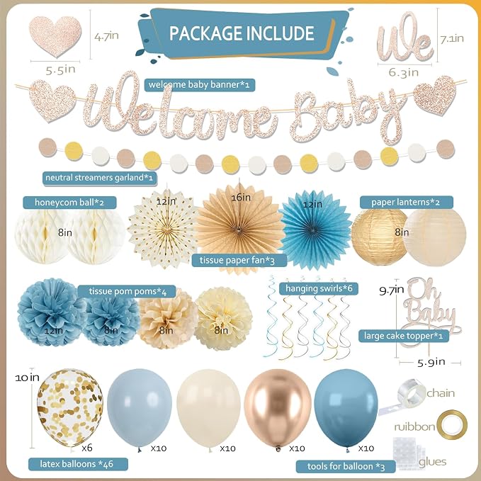 Light-Dusty Blue Boho Baby Shower Decorations, 69pcs Beige Champagne Boy Neutral Welcome Baby Banner Décor With Sand White Ice Blue Balloons Paper Lanterns Pom Poms Fan Baby Shower Party Wall Backdrop