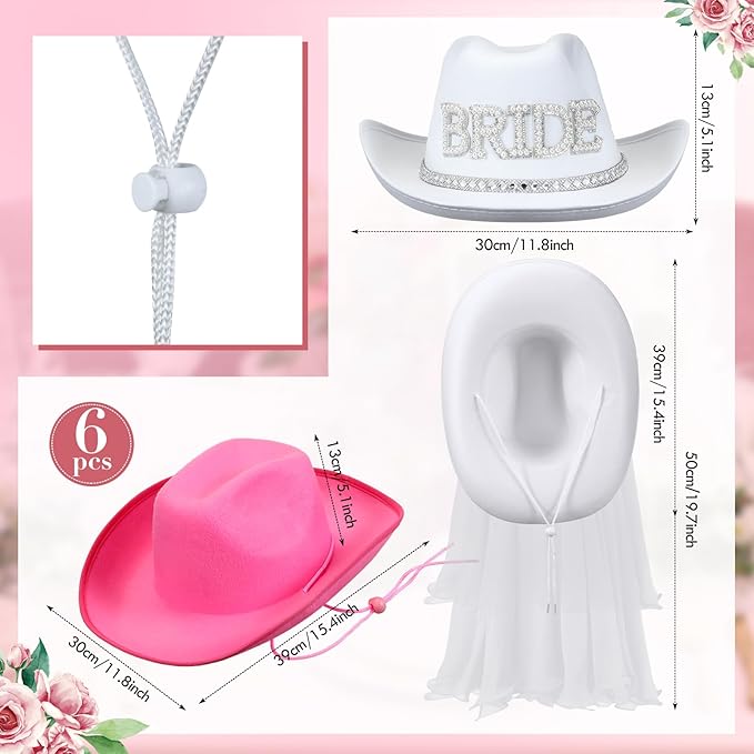 Newcotte 14 Pcs Bride Cowgirl Hat with Veil and Satin Sash Bachelorette Cowboy Hats Set for Wedding Party Bridal Shower Decor