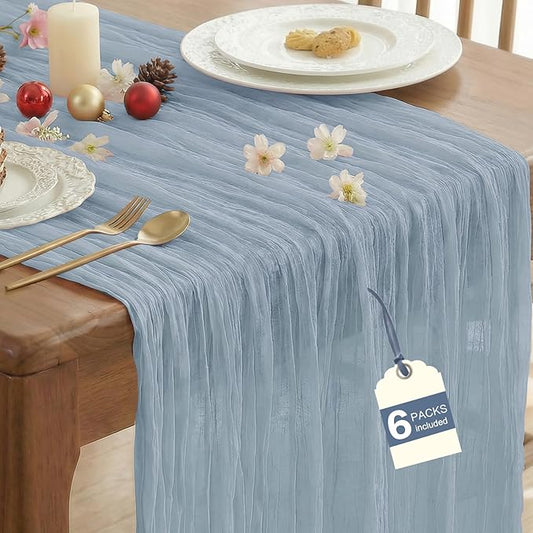 IVAPUPU 6 Pcs Cheesecloth Table Runner - 10ft Dusty Blue Spring Boho Gauze Cheese Cloth Table Runners for Baby Shower Decorations Wedding Party Garden Farmhouse Decor