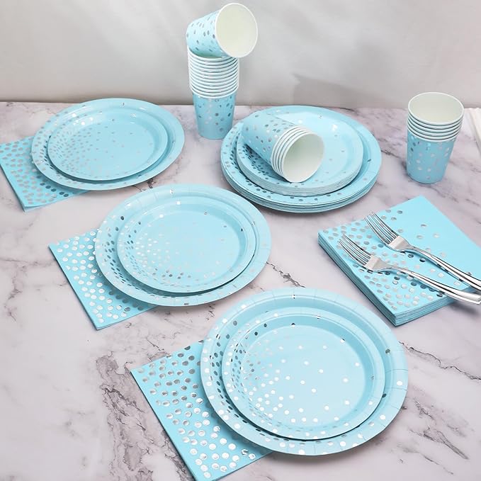 175 Pcs Light Blue Plates and Napkins Party Supplies - Baby Blue Paper Plates Serve 25 Guests - Light Blue and Silver Disposable Plates Sets for Birthday Wedding Baby Shower Holiday Party Decorations