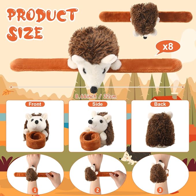 Lenwen 8 Pcs Hedgehog Stuffed Animals Slap Bracelets for Kids Plush Animal Slap Snap Bracelets Bulk Hedgehog Wrist Bands Adopt an Animal School Students Gifts Party Favors for Boys Girls Classroom
