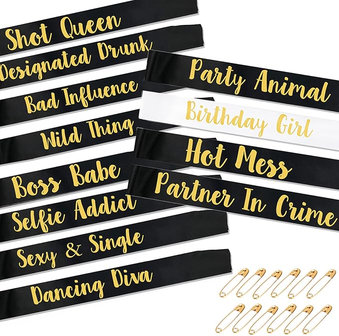 12Pcs Birthday Sashes Set - White Girl Sash & Black Party Sashes for Women, Party Favors & Accessories