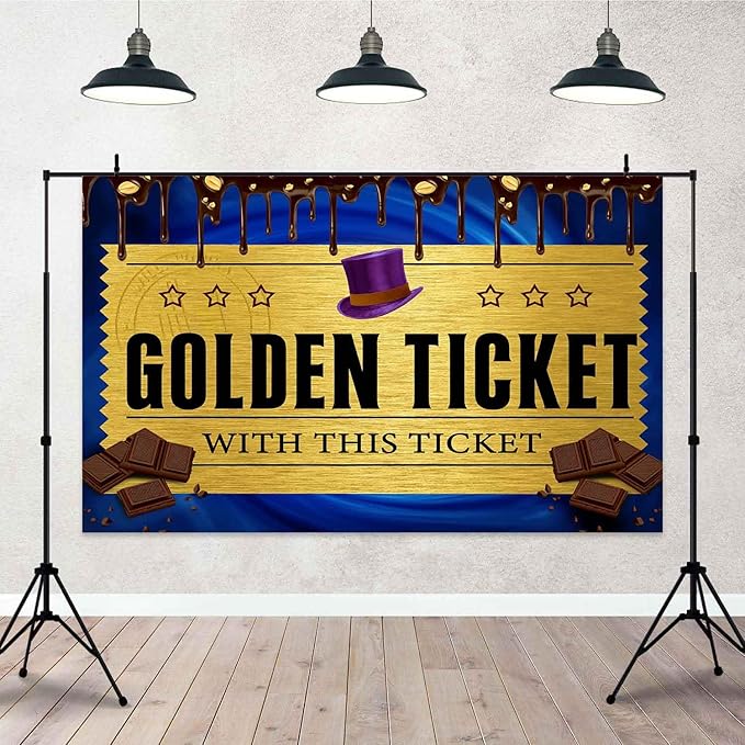 5x3FT Golden Ticket Backdrop Chocolate Factory Backdrops Candy Backdrops Blue Backdrop for Kids Girls 1st Birthday Party Baby Shower Photo Background TAYBDJ802