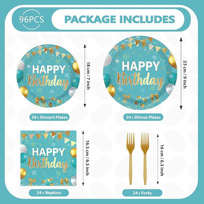 96 Pcs Teal Blue and Gold Birthday Party Supplies Happy Birthday Plates and Napkins Disposable Turquoise Aqua Teal Tableware Set for Men Women birthday Party Decorations Serves 24