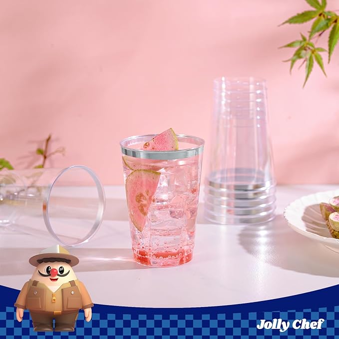 JOLLY CHEF 100 Pack Silver Plastic Cups, 12 oz Clear Plastic Cups Tumblers, Elegant Silver Rimmed Disposable Drink Glasses for Party Wedding, Thanksgiving Day, Christmas