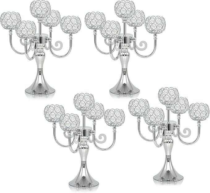 5 Arm Metal Crystal Candelabra Centerpiece - 13.4 Inch Elegant Candle Holder with Crystal Beads for Wedding Party Christmas Home Dining Table Decoration (4, Silver)