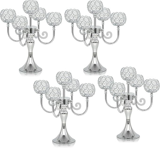 5 Arm Metal Crystal Candelabra Centerpiece - 13.4 Inch Elegant Candle Holder with Crystal Beads for Wedding Party Christmas Home Dining Table Decoration (4, Silver)