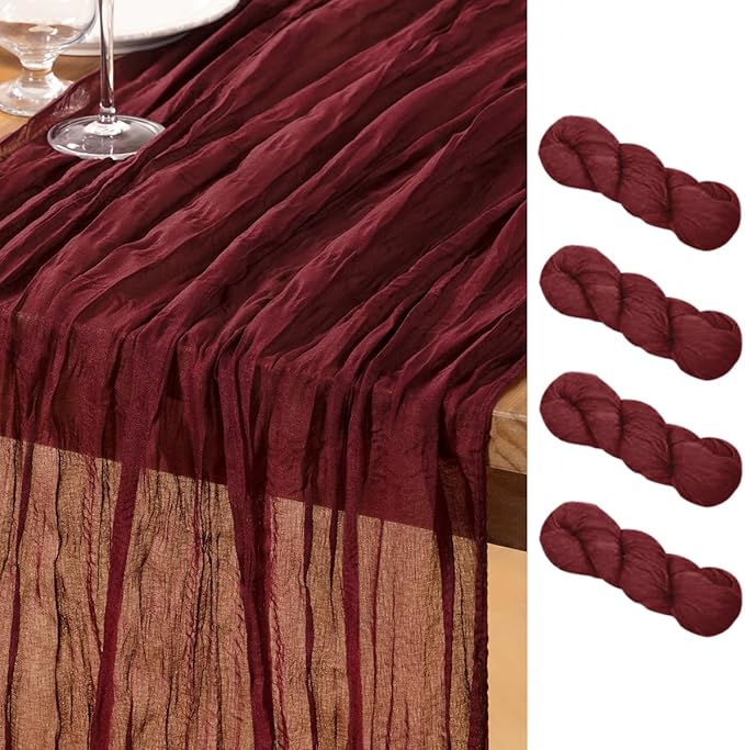 DeZerlor Burgundy Red Cheesecloth Table Runner 4 Pack Spring Easter Table Runners Boho Gauze 120 Inches Cheese Cloth Table Decor for Wedding Bridal Baby Shower Parties