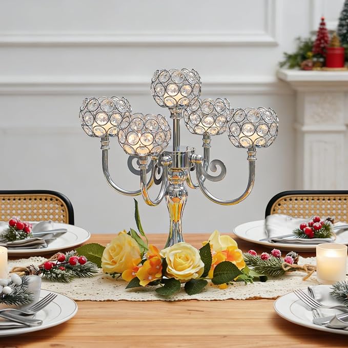 5 Arm Metal Crystal Candelabra Centerpiece - 13.4 Inch Elegant Candle Holder with Crystal Beads for Wedding Party Christmas Home Dining Table Decoration (1, Silver)