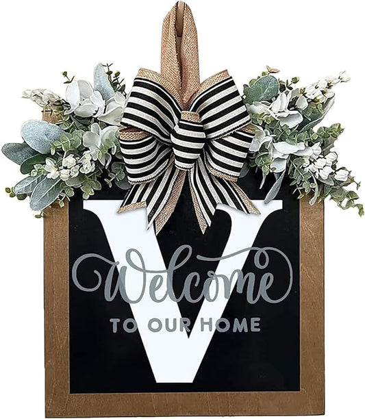 Last Name All Year Round Front Door Wreath with 26 Initial Letter Welcome Sign All Seasons Eucalyptus Garland and Bow ，Farmhouse, Porch, for Spring Summer Fall All Seasons Holiday Halloween Christmas. (V)