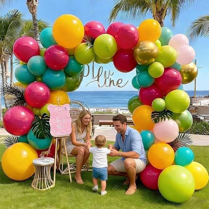 Tropical Balloons Arch Double Stuffed Hot Pink Green Balloons Pastel Yellow Orange Gold Balloon Garland Teal Blue Balloon for Birthday Baby Shower Hawaiian Summer Luau Easter Party Decorations