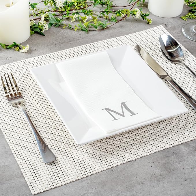 Luxenap 15.8 X 7.9 Inch Linen-Feel Guest Towels, 50 Lettered Hand Towels - Silver Letter 'M', Sans Serif Font, White Paper Dinner Napkins, airlaid, For Restrooms And Tables - Restaurantware