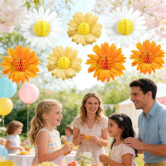 Paper Jazz 9pcs Daisy Paper Flower Decorations, White Yellow Orange Honeycomb Hanging Decor, Spring Party Celling Sign Boho Happy Birthday Supplies for Garden Classroom Baby Shower Birthday Party