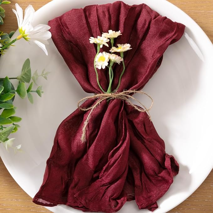 60pcs Burgundy Red Cheesecloth Napkins Washable Boho Rustic Gauze Table Cloth Napkins Bulk 21x21 Inches for Wedding Party Bridal Baby Shower Birthday Table Decor