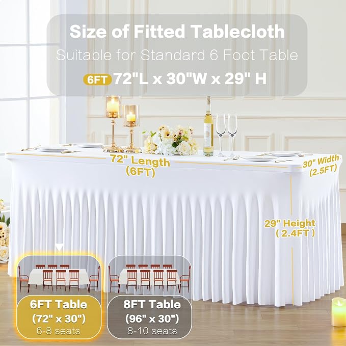 6 Pack White Table Cloth for 6 Foot Rectangle Tables Spandex Fitted Tablecloth 6ft Stretch Table Covers Skirt White Banquet Tablecloths Wrinkle Free Tablecloth for Party Wedding Birthday Event