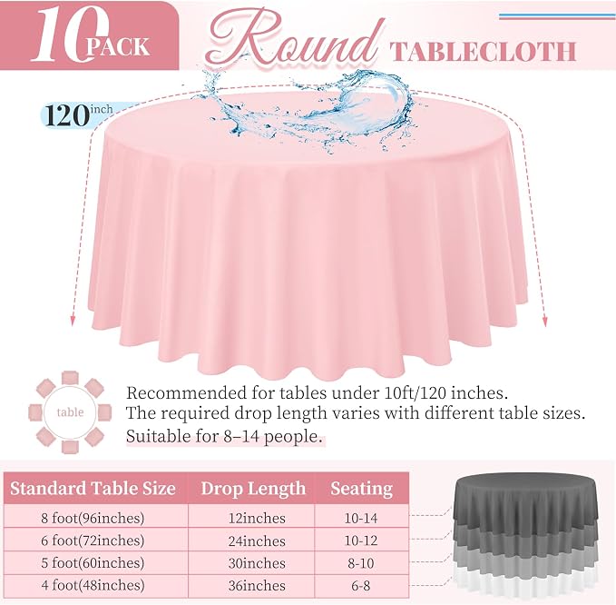 Pesonlook 10 Pack Pink Round Tablecloth 120 Inch, Waterproof Polyester Fabric Table Cloth for Round Tables, Stain Wrinkle Resistant Tablecloths Washable Table Cover for Wedding Dining Party Banquet