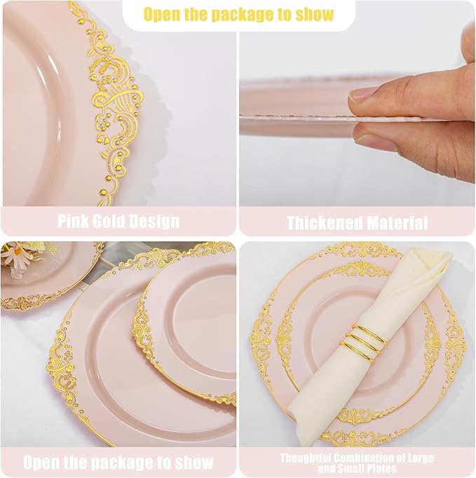 200PCS Pink and Gold Plates - Pink Plastic Plates - Fancy Disposable Plate with Gold Rim - Vintage Wedding Dinner & Dessert Plate for 100 Guests for Wedding & Bridal Shower & Mother's Day
