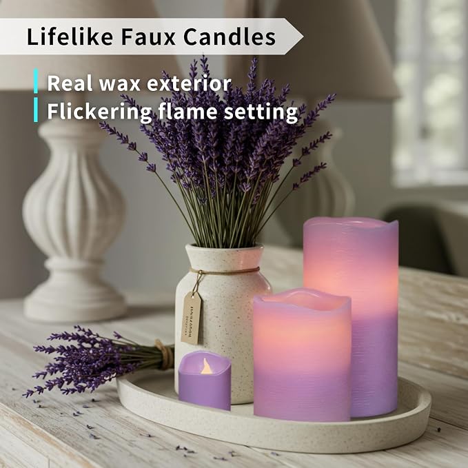 FURORA LIGHTING Purple Flameless Candles, 8-Pack Set with Remote & Timer | Includes 4 pillars and 4 votives. Creates a calming, rich purple mood glow perfect for meditation and bohemian home decor.
