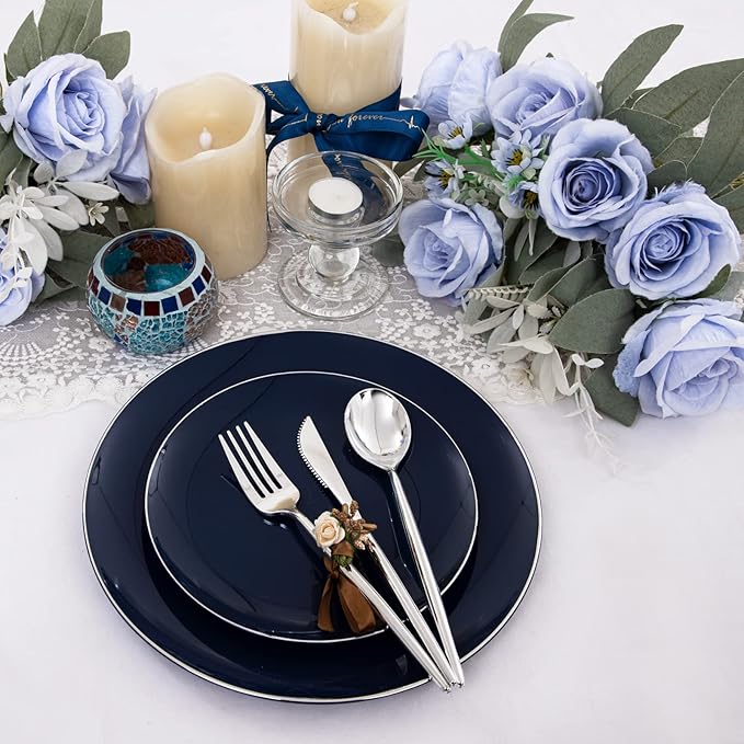 I00000 150Pcs Blue Plastic Plates,Hanukkah Plastic Plates,Navy Blue Disposable Plates with Silverware include 30 Dinner Plates10.25,30 Dessert Plates10.25,90 Silver Silverware Set for Party