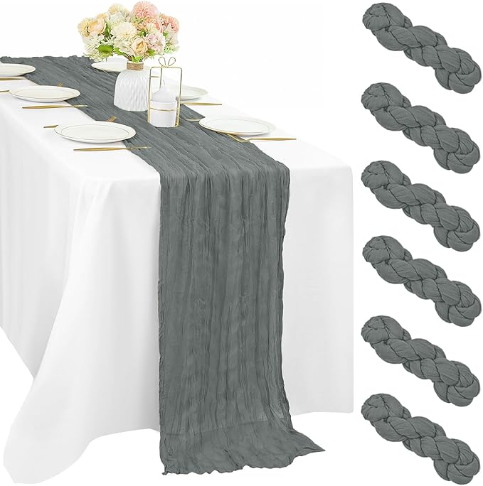 6 Pcs Gray 35 x 120 Inches Long Cheesecloth Table Runner 10FT Runner for Tables Gauze Fabric Boho Table Runner Decoration Rustic Semi Sheer Runner for Wedding Baby Shower Birthday Party (Gray)