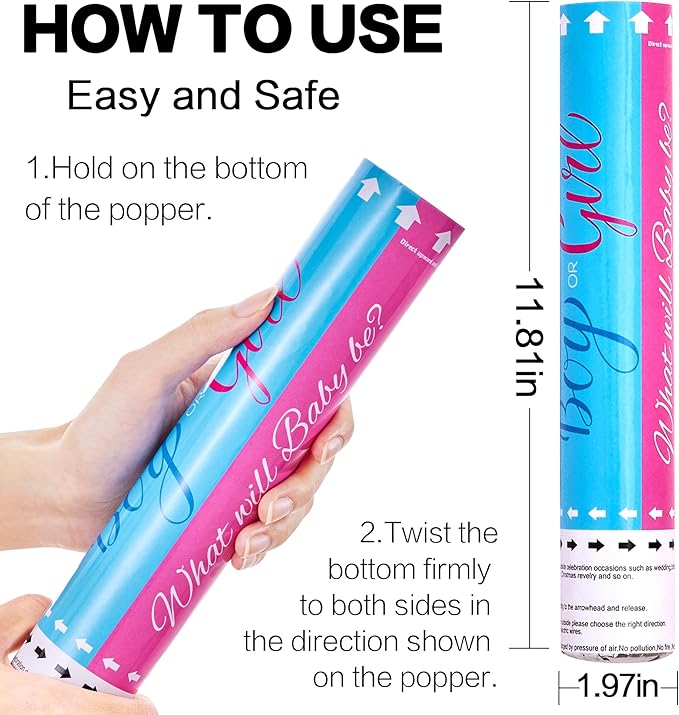 Confetti Cannon Poppers Blue or Pink 12 inch Powder Confetti for Gender Reveal Boy or Girl Set of 4 Smoke Cannon Gender Reveal Decorations Party Poppers for Baby Reveal Party Confetti Powder Poppers
