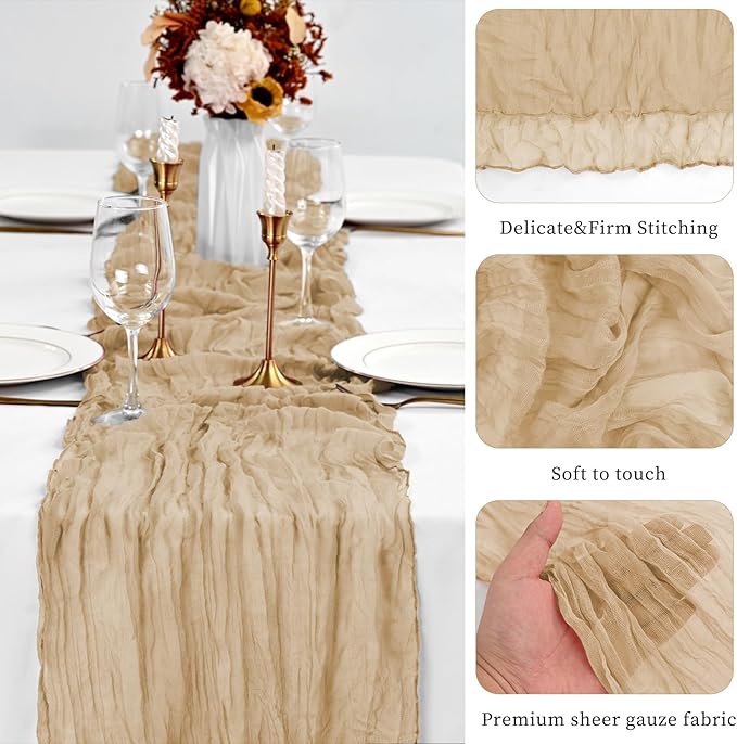 10 Pack Beige Table Runner 10Ft Cheesecloth Table Runner Boho Gauze Table Runners Romantic Long Sheer Fabric Cheese Cloth Table Runners for Wedding Party Bridal Shower(Beige)