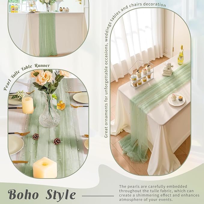 Set of 6 Pearl Table Runner 29 x 120 Inch Sage Green Tulle Fabric Lace Table Runners Boho Rustic Table Runners for Bridal Shower Birthday Party Wedding Arch Dessert Table Decor(Sage Green)