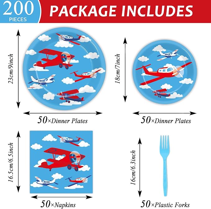 Qyeahkj 50 Guests Airplane Plates and Napkins Party Supplies Plane Party Decorations Disposable Tableware Set Blue Sky Helicopter Paper Cake Dessert Dinnerware Favor for Kids Boys Baby Shower, 200PCS