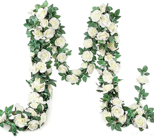 YRIOWMI 10PCS Fake Rose Garland, 7.5Ft Artificial Vines Flowers Hanging Rose Vine for Table Wedding Backdrop Arch Wall Party Mantle Festival Decor (Light White)