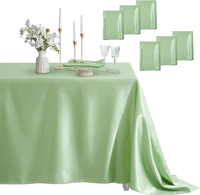 6 Pack Satin Table Cover Rectangle Silkly Soft Table Cloth, Satin Dining Table Cloths for Wedding Banquet Table Decoration, Dining Room, Indoor and Outdoor Use, 60 x 120 Inches, Sage Green