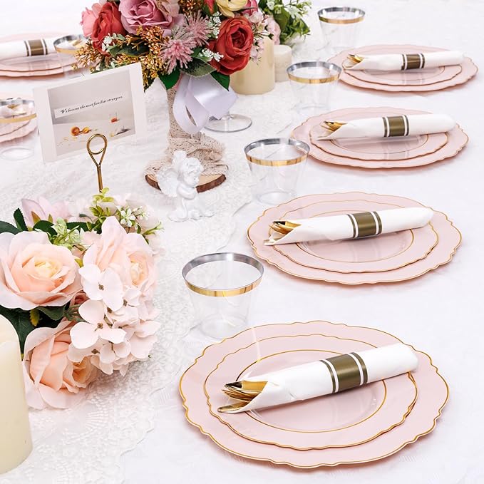 Liacere 175PCS Pink Plates Disposable - Pink and Gold Plates 25guest Baroque Plastic Dinnerware include 150Plates, 25Pack Pre Rolled Napkins with Silverware 25Cups Perfect for Wedding &Mothers Day