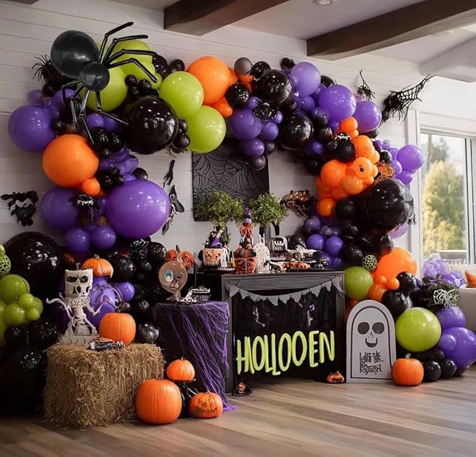 Black Purple Balloon Arch Double Stuffed Latex Orange Green Metallic Purple Black Balloon Garland for Halloween Thanksgiving Wednesday Birthday Vampire Retirement Prom Decor
