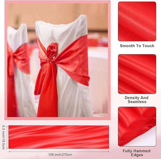 Lounsweer 50 Pcs Folding Chair Cover Set with 25 Stretch Spandex Slipcovers 25 Satin Chair Sashes Bows Ribbon Washable Banquet Protector for Wedding Event Party(White, Red)
