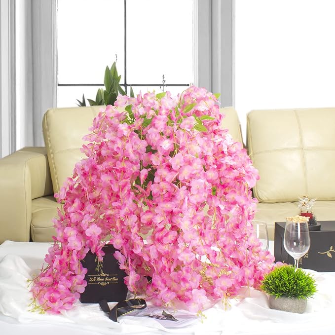 AITISOR 24 Pack Artificial Fake Wisteria Vine Ratta (3.75 Feet) Hanging Garland Silk Flowers String Home Party Wedding Decor (Deep Pink)