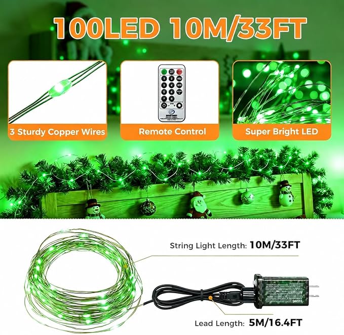 btfarm Fairy Lights Plug in with Remote, 33FT 100 LED Outdoor Twinkle Lights Waterproof with Timer, 8 Modes Indoor String Lights for Bedroom Patio Garden Wedding Christmas Decoration, Green