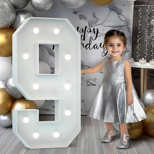 Marquee Numbers 4 Feet Tall: Large 9th 90th 99th Birthday Decorations for Her Him 4FT Light Up Numbers White Anniversary Party Decor Big Backdrop Foam Cardboard Number 9