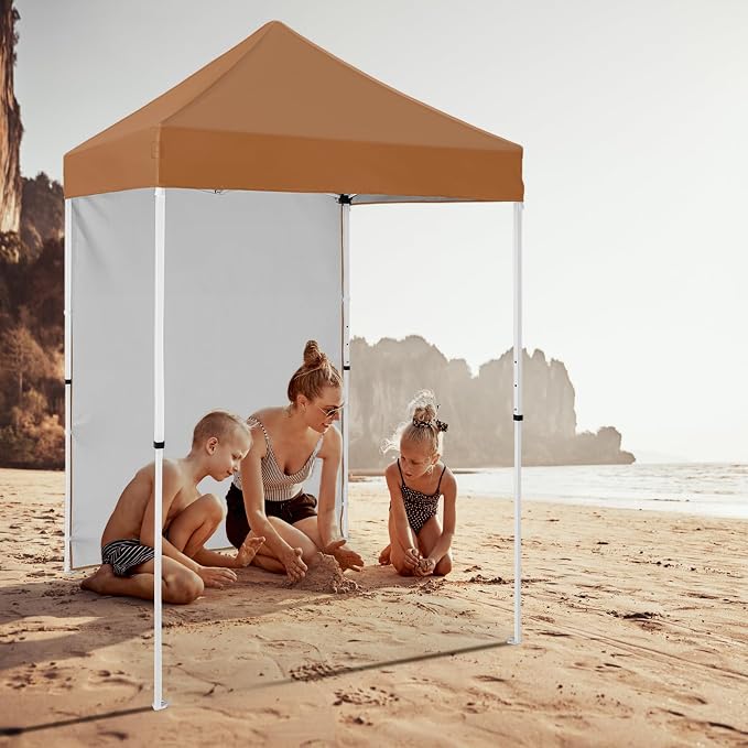 5x5 Pop Up Canopy Tent with One Sidewall, Instant Portable Beach Canopy, Outdoor Tent with Carry Bag for Camping, Sports, Tailgating, Events, Khaki