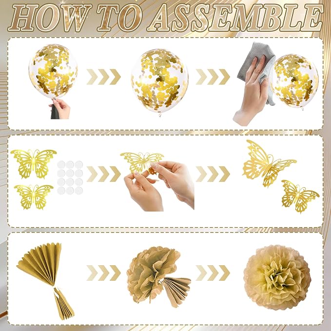 56PCS Champagne Gold Birthday Decorations for Women, White and Gold Birthday Decorations Include Banner Balloons 3D Butterfly Stickers Fringe Curtain Paper Pompoms, Happy Birthday Supplies for Girls