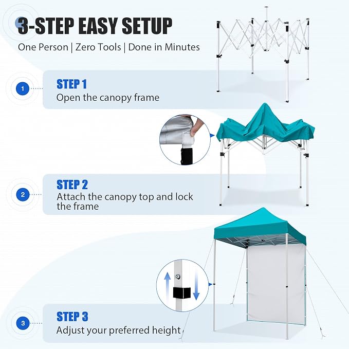 EAGLE PEAK Pop up Canopy 5x5, Outdoor Portable Canopy Tent with One Removable Sunwall, Carry Bag Included, Turquoise