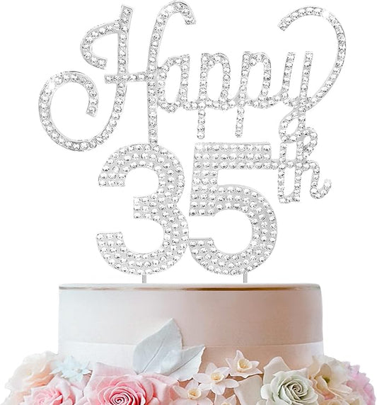 LINGTEER Happy 35th Birthday Silver Rhinestone Cake Topper - Cheers to 35th Birthday 35 Years Old Anniversary Party Cake Centerpieces Topper Decorations Gift Sign.