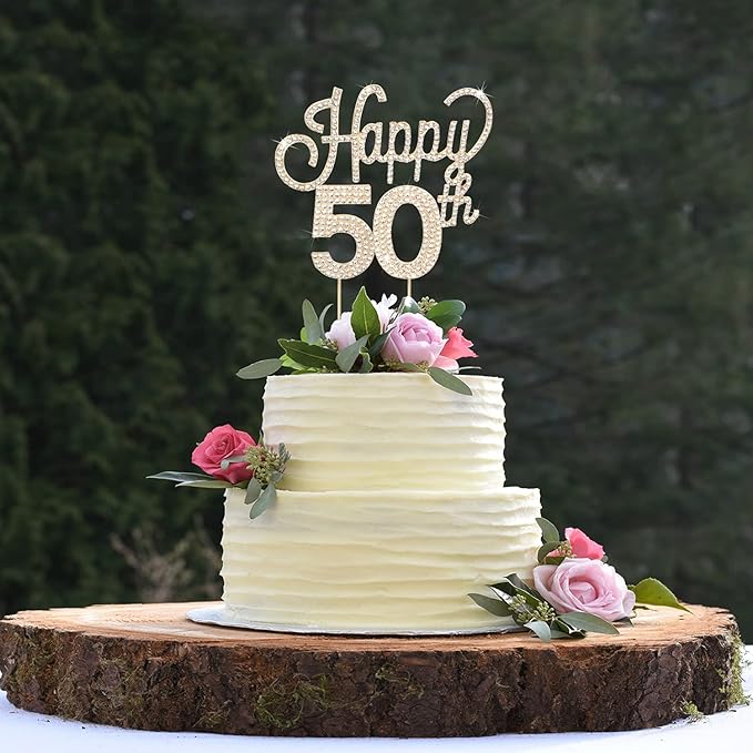 LINGTEER Happy 50th Birthday Gold Rhinestone Cake Topper - Cheers to 50th Birthday Fifty Years Old Anniversary Party Cake Centerpieces Topper Decorations Gift Sign.