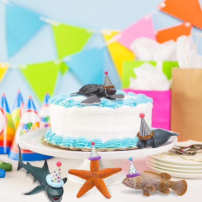 Colingmill 18 Pcs Sea Animal Birthday Party Decorations Mini Birthday Hat Animal Figure Model Cake Toppers with Mini Hat for Animals Themed Party