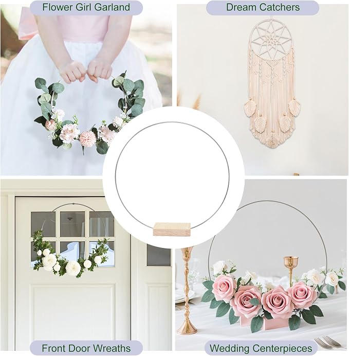 12Pcs 12 Inch Metal Floral Hoop Centerpiece With Stand for Table, Silver Center Pieces Decoration With Wood Base for DIY Wedding Decor Wall Hanging Crafts