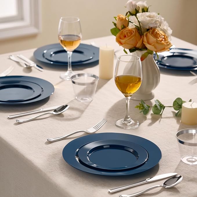 BESTVIP 200 Pack Premium Navy Blue Plastic Plates - 100 Dinner Plates 10.25" & 100 Dessert Plates 7.5" - Heavy Duty Disposable Plates for Graduation, Wedding, Holiday & Catering