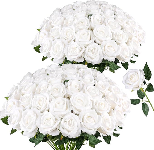 AmyHomie 48 PCS White Roses Velvet Realistic Artificial Flowers with Bendable Stems for Wedding Bouquets Baby Shower Party Home Decor Fake Flowers Gifts for Valentines, Mothers Day, Womens Day